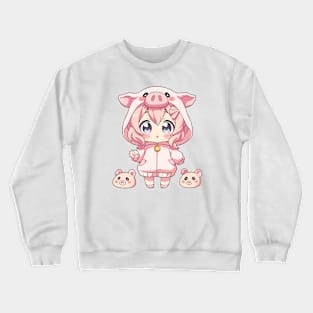 Cute manga girl with little piglets Crewneck Sweatshirt